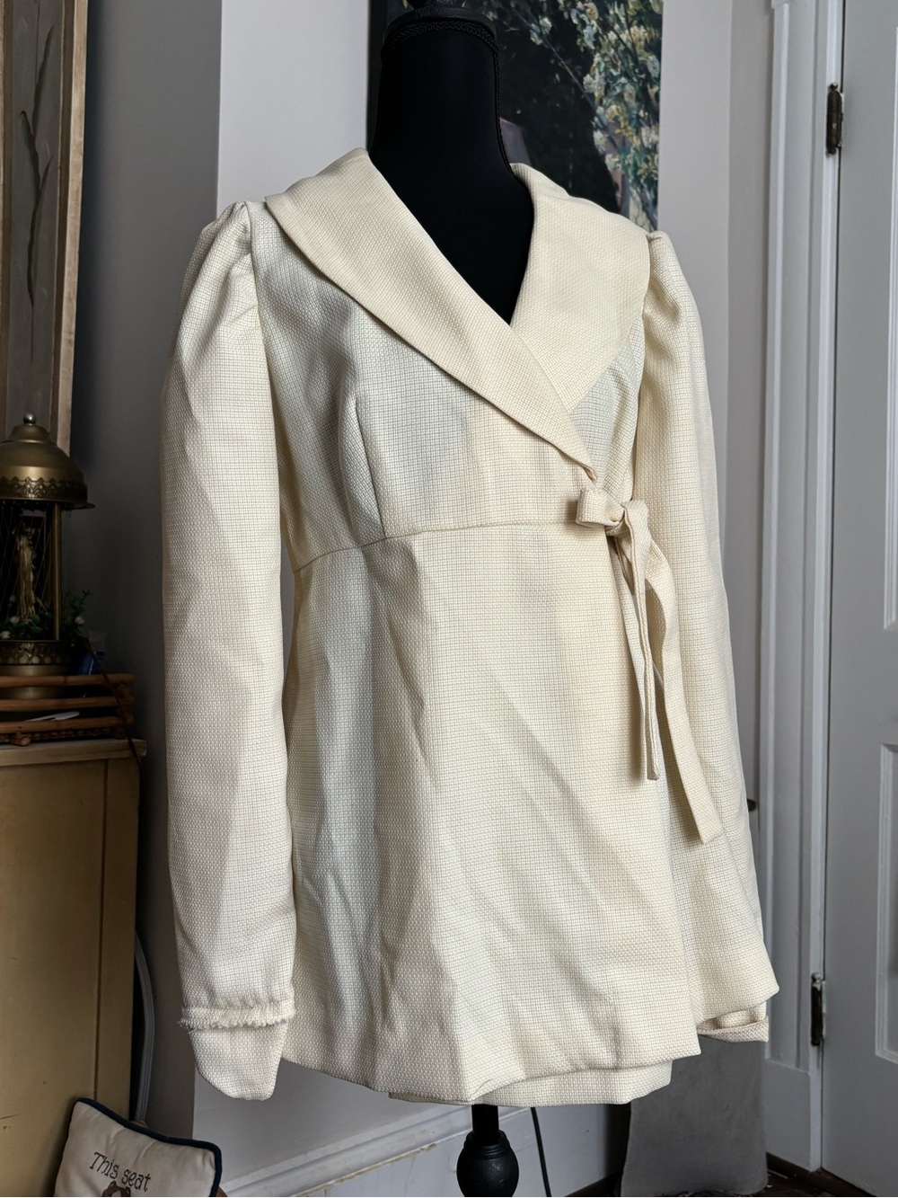 Vintage Cream Wrap Front Long Sleeve Blazer with Tie